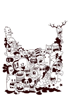 Elle çizilmiş canavarlar ve sevimli uzaylı friendly.vector illüstrasyon 