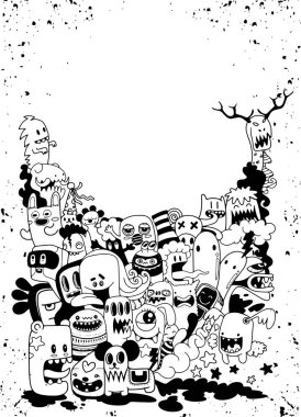 Elle çizilmiş canavarlar ve sevimli uzaylı friendly.vector illüstrasyon 