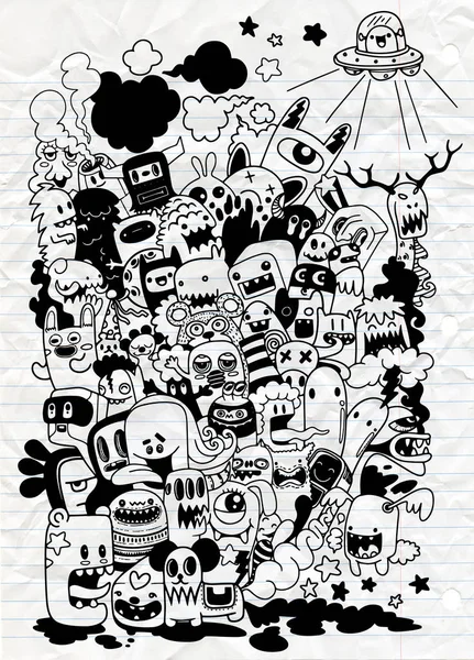 Ilustración vectorial de Doodle lindo Monster fondo, Dibujo a mano — Vector de stock