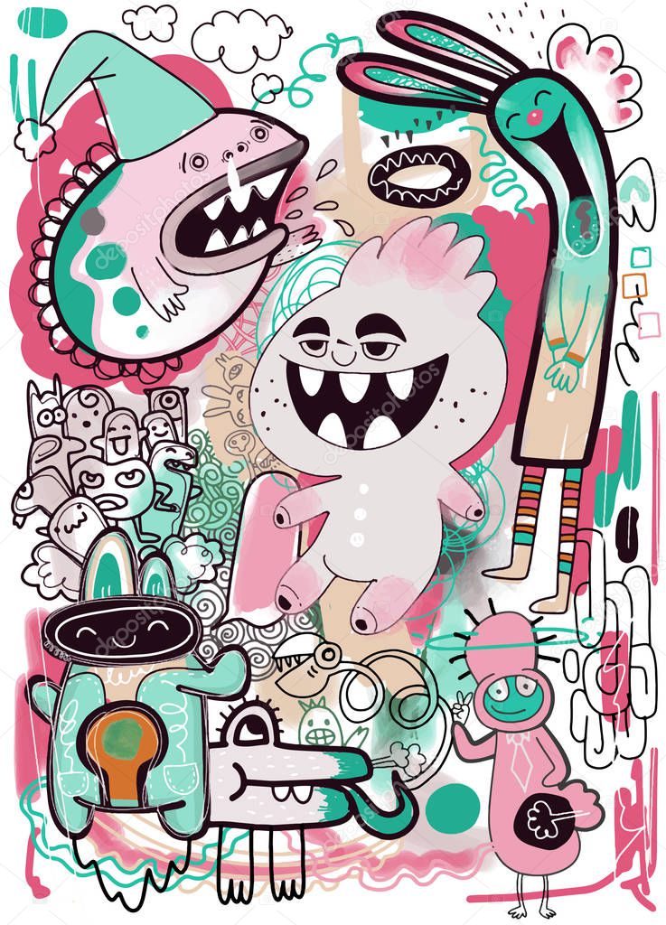 Vector illustration of Doodle cute Monster background ,Hand draw