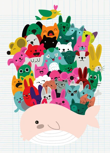 Vector illustration of Doodle cute animal group on whale back — Stock Vector