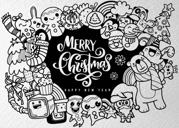 Weihnachtsdesign-Element im Doodle-Stil, Frohe Weihnachten und Hap — Stockvektor