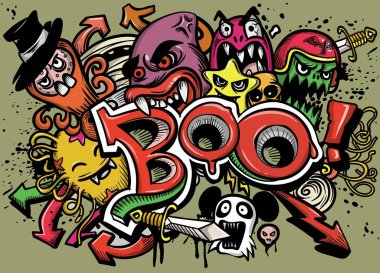 Cadılar Bayramı tebrik kartı çizimin kutlu olsun Boo! mon ile