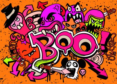 Cadılar Bayramı tebrik kartı çizimin kutlu olsun Boo! mon ile