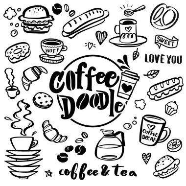 Sevimli doodle kahve dükkanı simgeleri. Vektör anahat kahve ve çay dra