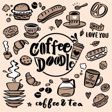 Sevimli doodle kahve dükkanı simgeleri. Vektör anahat kahve ve çay dra