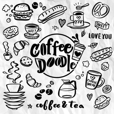 Sevimli doodle kahve dükkanı simgeleri. Vektör anahat kahve ve çay dra