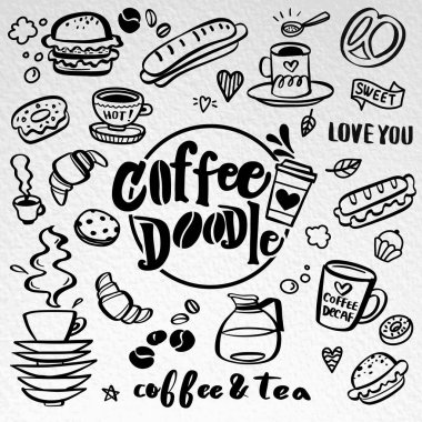 Sevimli doodle kahve dükkanı simgeleri. Vektör anahat kahve ve çay dra