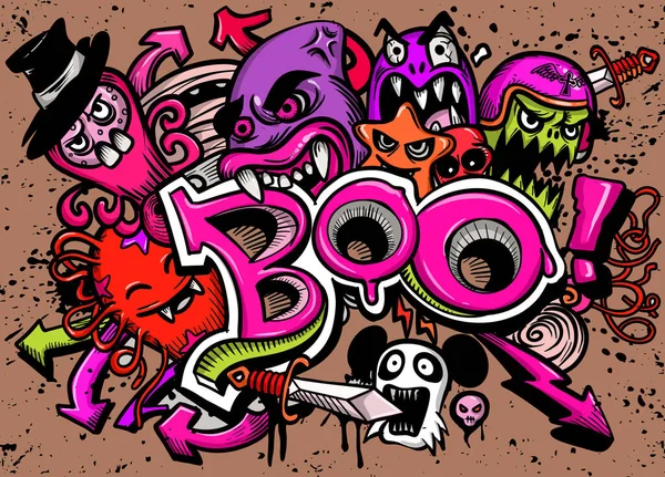 Gelukkige Halloween wenskaart vector illustratie, Boo! met mon — Stockvector