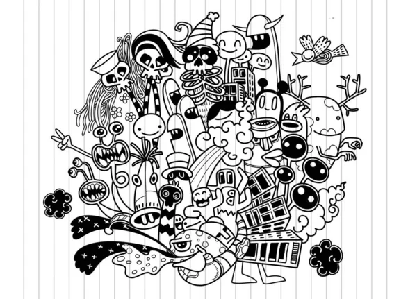 Ilustración vectorial de Doodle lindo Monster fondo, Dibujo a mano — Vector de stock