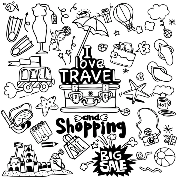 I love travel and shopping , Vector illustration of travel doodl — Stock Vector