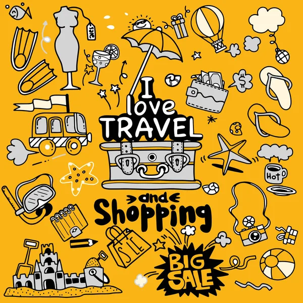 I love travel and shopping , Vector illustration of travel doodl — Stock Vector