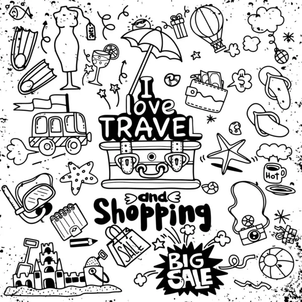 Seyahat etmeyi ve alışveriş yapmayı seviyorum. Seyahat karalamalarının vektör çizimi. — Stok Vektör