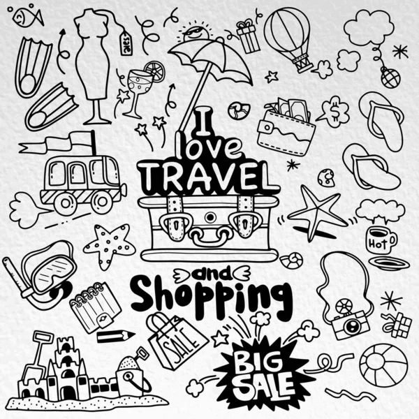 Seyahat etmeyi ve alışveriş yapmayı seviyorum. Seyahat karalamalarının vektör çizimi. — Stok Vektör