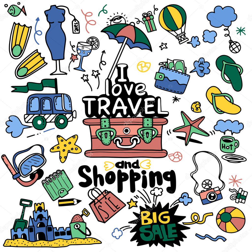 I love travel and shopping , Vector illustration of travel doodl