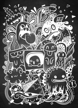 Canavar karakterli soyut grunge şehir modeli, graffiti tarzında süper çizim, arka plan. Vektör illüstrasyonu