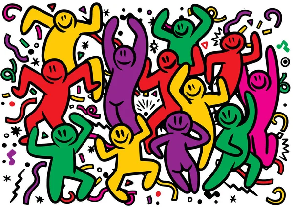 Disegno a mano Doodle Vector Illustrazione di gente divertente festa, Design piatto — Vettoriale Stock
