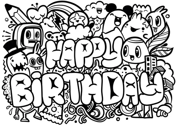 Joyeux anniversaire carte de vœux et monstre personnages vectoriels design. Fou mignon petits monstres personnages, Illustration vectorielle — Image vectorielle