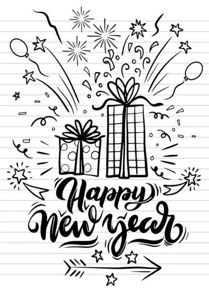 Ano Novo festa doodle elementos em preto isolado sobre fundo — Vetor de Stock