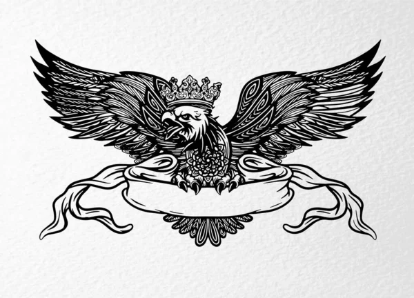 Aquila disegnata a mano con nastro per testo — Vettoriale Stock