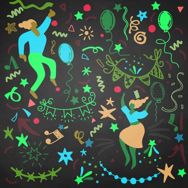 Sfondo festa doodle disegnato a mano con palloncini d'aria, fuochi d'artificio , — Vettoriale Stock