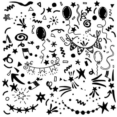 Hava balonları ve havai fişeklerle el çizimi parti arka planı,