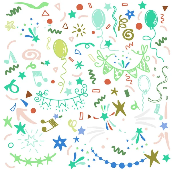 Mão desenhado doodle festa fundo com balões de ar, fogos de artifício , — Vetor de Stock