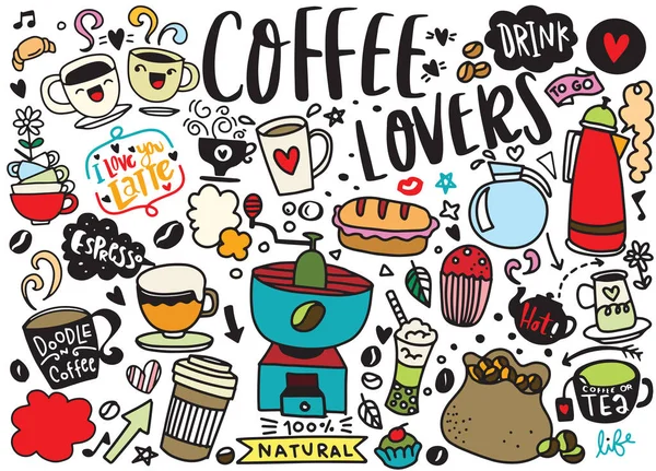 Zestaw ręcznie rysowana kawa i pyszne słodycze. Ilustracja wektora — Wektor stockowy