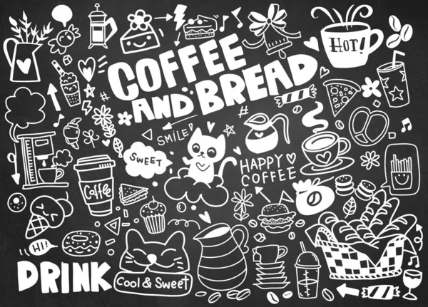Sada ručně kreslené kávy a lahodné sladkosti. Vektorový obrázek — Stockový vektor