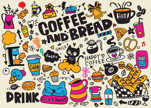 手描きのコーヒーとおいしいお菓子のセット。ベクトルイラスト — ストックベクタ