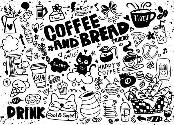 Set di caffè disegnato a mano e deliziosi dolci. Illustrazione vettoriale — Vettoriale Stock