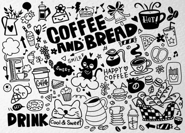 Set di caffè disegnato a mano e deliziosi dolci. Illustrazione vettoriale — Vettoriale Stock
