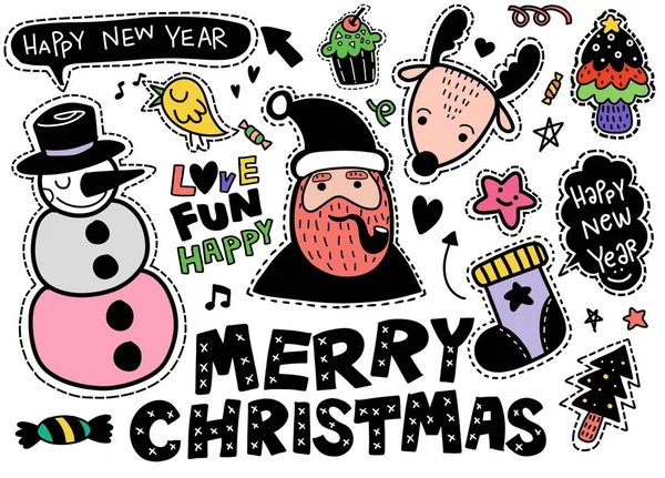 Kerst, Nieuwjaar leuke symbolen sticker set: patches van Santa C — Stockvector