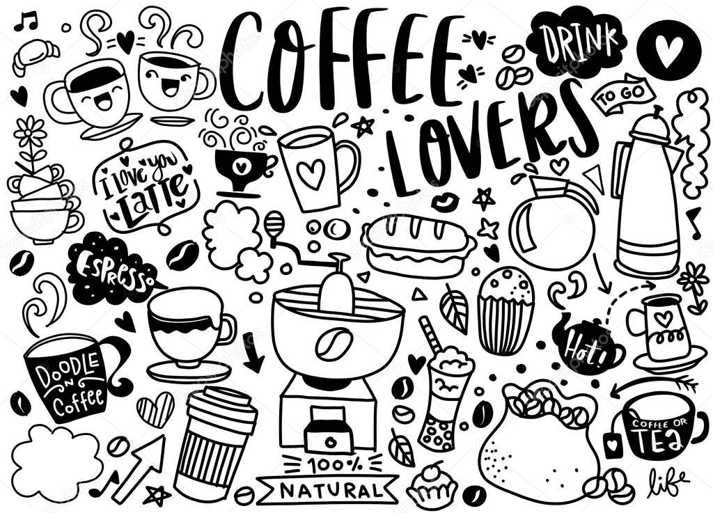 Set of hand drawn coffee and delicious sweets . Vector illustrat