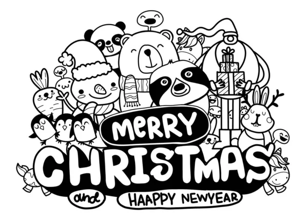 Buon Natale lettering, Babbo Natale e amici carini — Vettoriale Stock