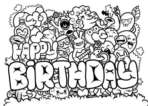 Vektor Illustration von Happy Birthday mit Doodle niedlichen Monster b — Stockvektor