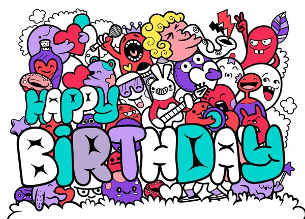 Vektor Illustration von Happy Birthday mit Doodle niedlichen Monster b — Stockvektor