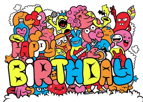 Illustration vectorielle de Joyeux anniversaire avec Doodle Monstre mignon b — Image vectorielle