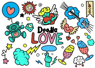 Elle çizilmiş sevgi elementlerinin vektör kümesi. Süslü düğün seti