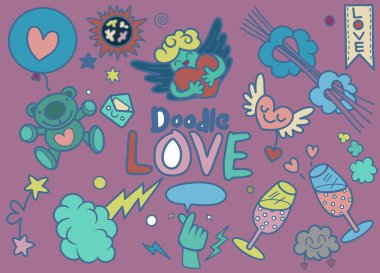 Elle çizilmiş sevgi elementlerinin vektör kümesi. Süslü düğün seti