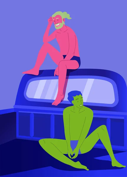 水泳のスーツの二人の若い男性,漫画のベクトルを描く — ストックベクタ