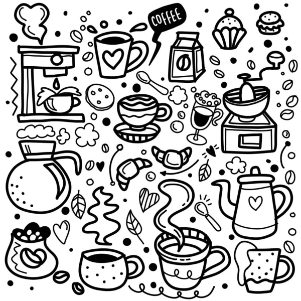 Śliczne ikony Doodle kawiarni. Wektor kontur kawy i herbaty dra — Wektor stockowy