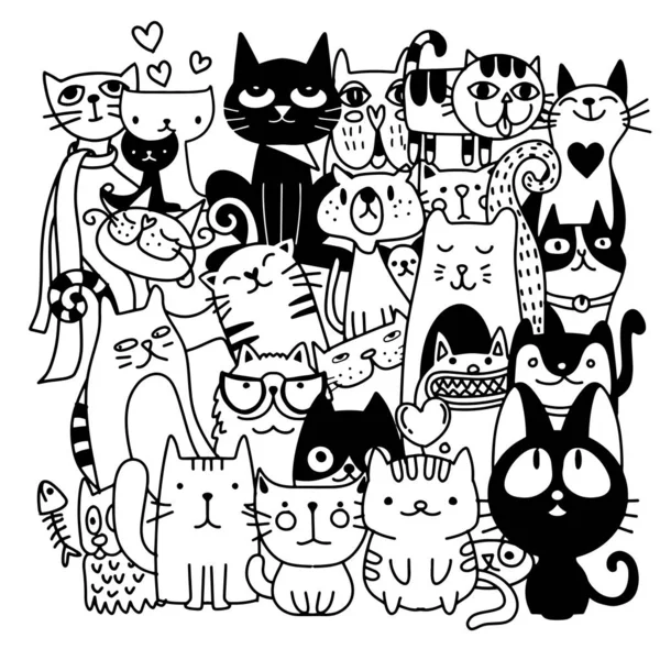 Śmieszne ręcznie rysowane koty. Ilustracja wektor zwierząt z adorable — Wektor stockowy
