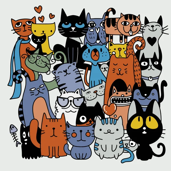 Gatos dibujados a mano graciosos. Animales vector ilustración con adorable — Vector de stock