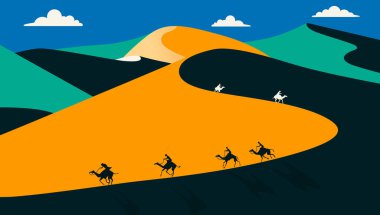 Flat landscape design vector illustration with desert, caravan o