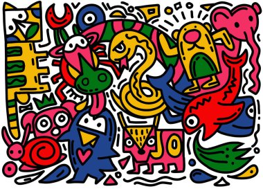 Doodle 'ın El Çizimi Vektör İllüzyonu, karikatür çizim hayvanları