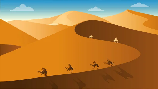 Flat landscape design vector illustration with desert, caravan o — Stok Vektör