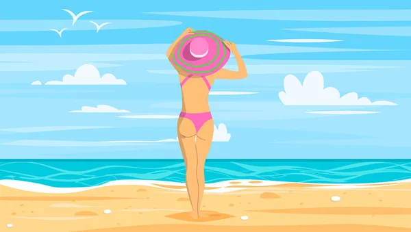 Summer vacation vector illustration. Woman in wide-brimmed hat i — Stock Vector