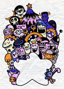 Doodle 'ın El Çizimi Vektör İllüstrasyonu, Sevimli Çizgi Film Canavarları