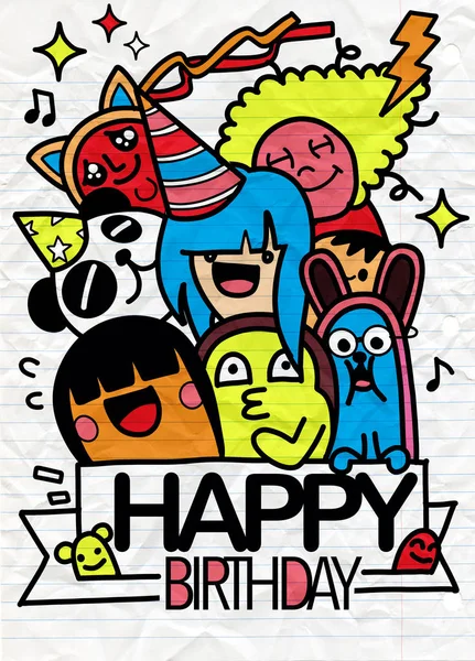 Happy birthday vector design with smileys wearing birthday hat , — Stock Vector